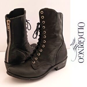 Old Gringo Blk Leather Combat Boot Lace Up Silver Back Zip 9.5M Made in Mexico